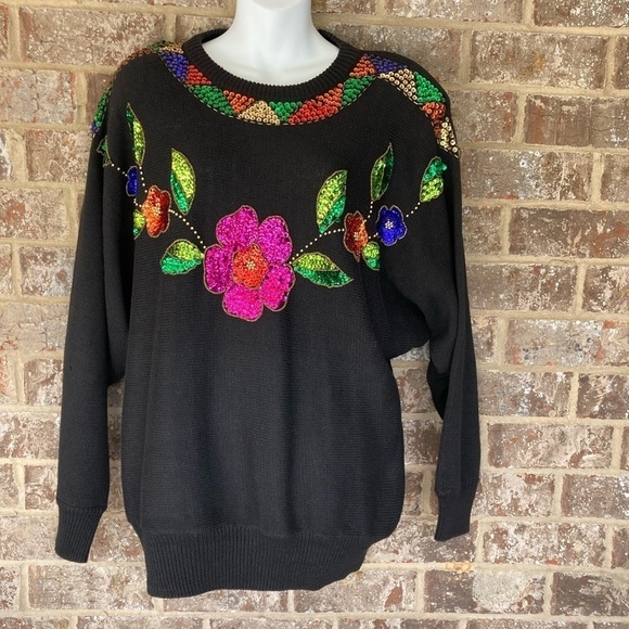 Mister Noah 20W Sequined Sweater Pullover Floral Flowers 90s Knit - Picture 1 of 13